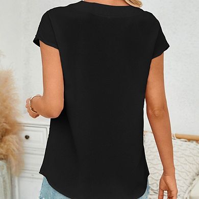 V Neck Minimalist Short Sleeve Chiffon Top Loose Draping Fit Office & Casual Blouse