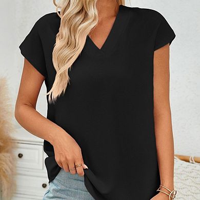 V Neck Minimalist Short Sleeve Chiffon Top Loose Draping Fit Office & Casual Blouse