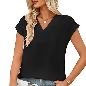V Neck Minimalist Short Sleeve Chiffon Top Loose Draping Fit Office & Casual Blouse