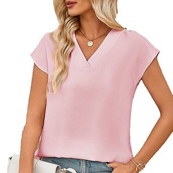 V Neck Minimalist Short Sleeve Chiffon Top Loose Draping Fit Office & Casual Blouse