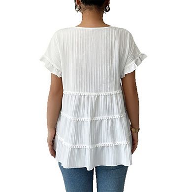 Tiered Ruffle Round Neck Short Sleeve Top Crinkled Fabric Sweet Casual Blouse