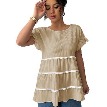 Tiered Ruffle Round Neck Short Sleeve Top Crinkled Fabric Sweet Casual Blouse