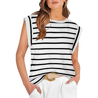 Striped Sleeveless Shoulder Pad Top Loose Casual Fit Versatile Daily Wear