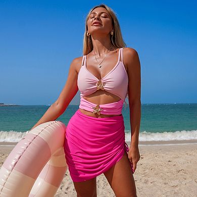 Women's Color Block One Piece Swimsuit Mesh Drawstring Cutout Bathing Suit