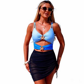 Women's Color Block One Piece Swimsuit Mesh Drawstring Cutout Bathing Suit