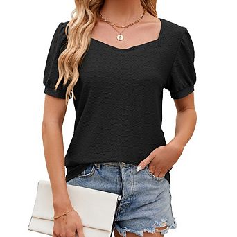 Women's Sweetheart Neck Puff Sleeve Textured Loose Fit T-Shirt Casual Swing Top