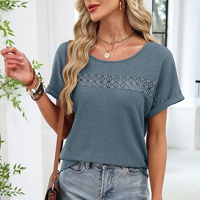 Women's Round Neck Lace Panel Waffle Knit T-Shirt Casual Rolled Cuff Top