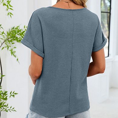 Women's Round Neck Lace Panel Waffle Knit T-Shirt Casual Rolled Cuff Top