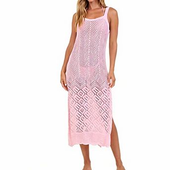 Women's Sheer Knit Beach Cover Up Crochet Knit Slit Maxi Dress for Bikini