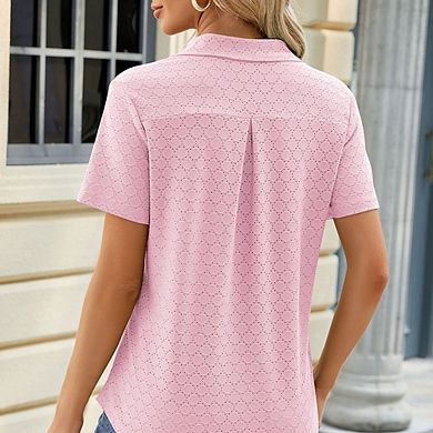Women's Collared Pocket Eyelet Embroidered Polo Shirt Casual V-Neck Top