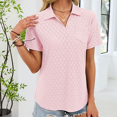 Women's Collared Pocket Eyelet Embroidered Polo Shirt Casual V-Neck Top