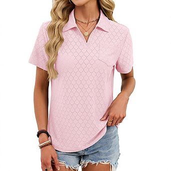 Women's Collared Pocket Eyelet Embroidered Polo Shirt Casual V-Neck Top