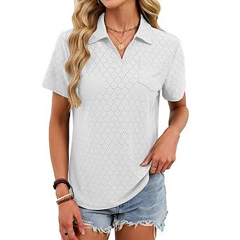 Women's Collared Pocket Eyelet Embroidered Polo Shirt Casual V-Neck Top