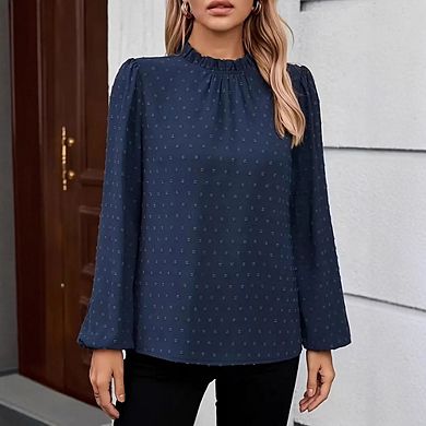 Women's Ruffle High Neck Swiss Dot Long Sleeve Blouse Puff Sleeve Office Top