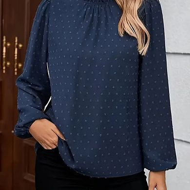 Women's Ruffle High Neck Swiss Dot Long Sleeve Blouse Puff Sleeve Office Top