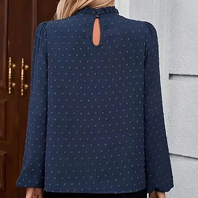 Women's Ruffle High Neck Swiss Dot Long Sleeve Blouse Puff Sleeve Office Top