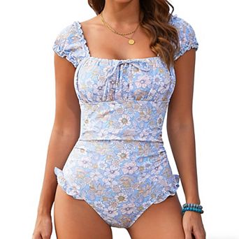 Women's Square Neck Ruffled 1 pc Swimsuit Floral Print Tie Back Bathing Suit