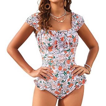 Women's Square Neck Ruffled 1 pc Swimsuit Floral Print Tie Back Bathing Suit