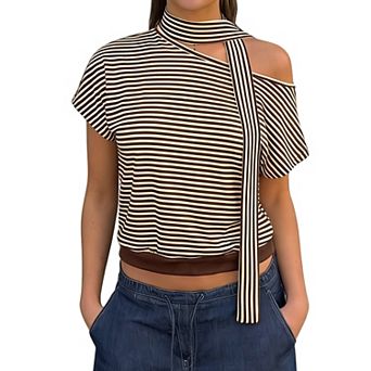 Women's Striped Asymmetrical Off Shoulder Short Sleeve Crop Top Casual Loungewear