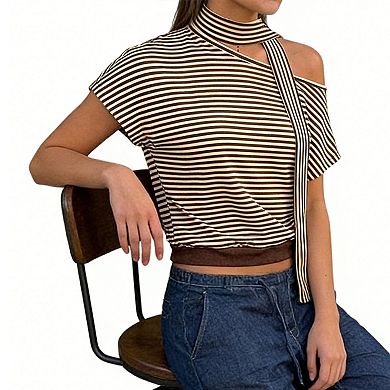 Women's Striped Asymmetrical Off Shoulder Short Sleeve Crop Top Casual Loungewear