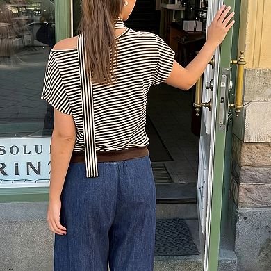 Women's Striped Asymmetrical Off Shoulder Short Sleeve Crop Top Casual Loungewear