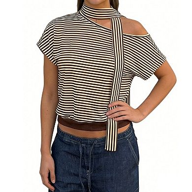 Women's Striped Asymmetrical Off Shoulder Short Sleeve Crop Top Casual Loungewear