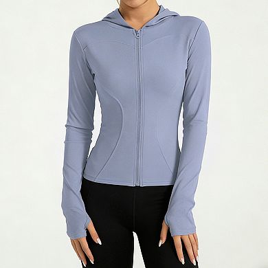 Women's Hooded Full Zip Workout Jacket Slim Fit Athletic Jacket for Yoga Running Cycling
