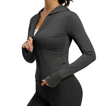 Women's Hooded Full Zip Workout Jacket Slim Fit Athletic Jacket for Yoga Running Cycling