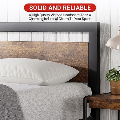 Platform Bed Frame with Headboard and Wood Accent No Box Spring Needed