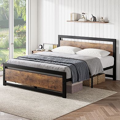 Platform Bed Frame with Headboard and Wood Accent No Box Spring Needed
