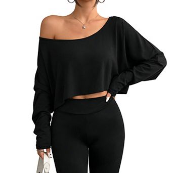 Women's Off Shoulder Long Sleeve Crop Top Loose Fit Casual T Shirt for Layering
