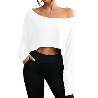 Women's Off Shoulder Long Sleeve Crop Top Loose Fit Casual T Shirt for Layering