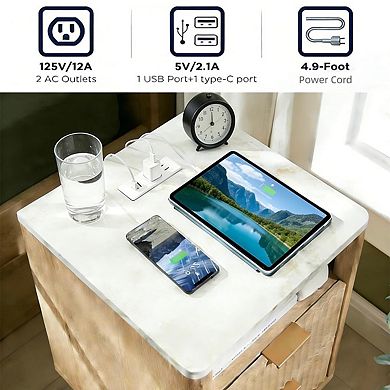 Bedside Table with Charging Station Two Drawer Nightstand Storage End Table