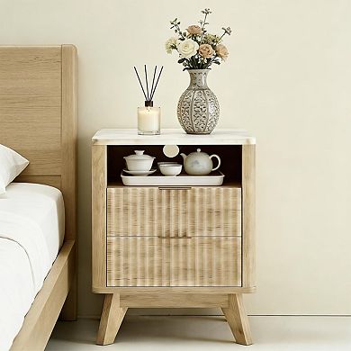 Bedside Table with Charging Station Two Drawer Nightstand Storage End Table