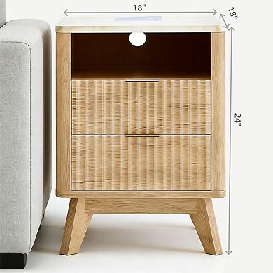 Bedside Table with Charging Station Two Drawer Nightstand Storage End Table