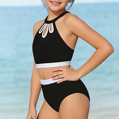 Girls' Color Block Two-Piece Bikini Set Halter Neck High Waisted Swimsuit
