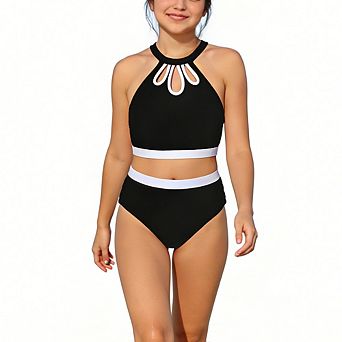 Girls' Color Block Two-Piece Bikini Set Halter Neck High Waisted Swimsuit