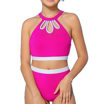Girls' Color Block Two-Piece Bikini Set Halter Neck High Waisted Swimsuit
