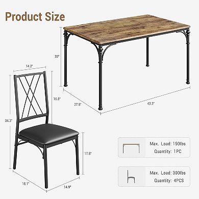 Five Piece Dining Table Set with Chairs Metal and Wood Dinette Set for Small Spaces