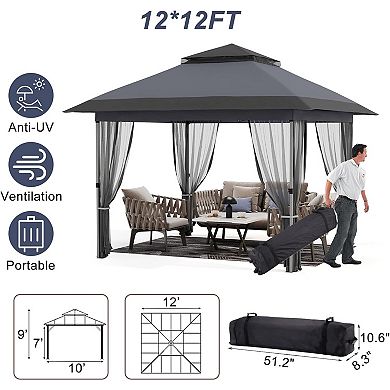 12x12 Pop-up Gazebo with Mesh, 144 sq ft Shade for Camping, Lawn, Yard