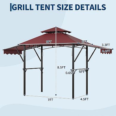8x5ft Grill Gazebo, Dual Awnings, Shelves, Hooks, 4 LEDs, Steel Frame