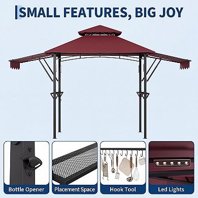 8x5ft Grill Gazebo, Dual Awnings, Shelves, Hooks, 4 LEDs, Steel Frame