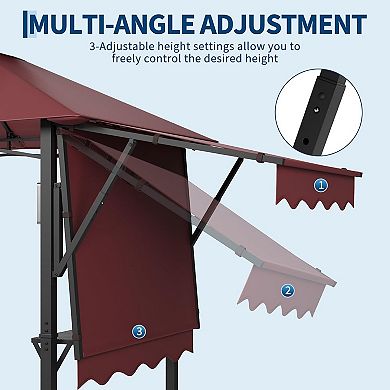 8x5ft Grill Gazebo, Dual Awnings, Shelves, Hooks, 4 LEDs, Steel Frame