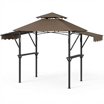 8x5ft Grill Gazebo, Dual Awnings, Shelves, Hooks, 4 LEDs, Steel Frame
