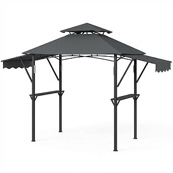 8x5ft Grill Gazebo, Dual Awnings, Shelves, Hooks, 4 LEDs, Steel Frame