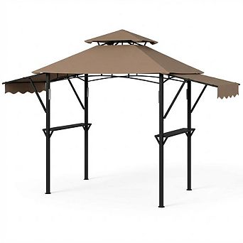 8x5ft Grill Gazebo, Dual Awnings, Shelves, Hooks, 4 LEDs, Steel Frame