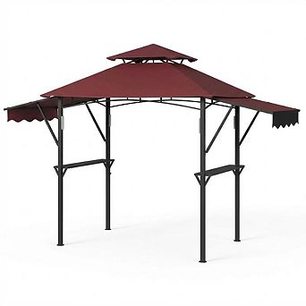 8x5ft Grill Gazebo, Dual Awnings, Shelves, Hooks, 4 LEDs, Steel Frame