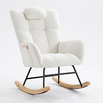 Upholstered Rocking Chair with Wood Legs & Dual Side Pockets, For Living Room & Bedroom
