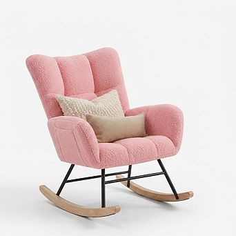 Upholstered Rocking Chair with Wood Legs & Dual Side Pockets, For Living Room & Bedroom