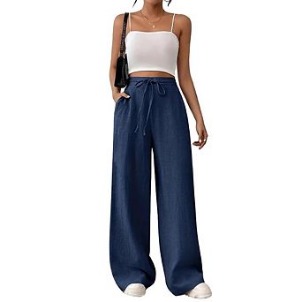 Women's Casual Wide Leg Pants High Waist Drawstring Trousers Pants with Pockets